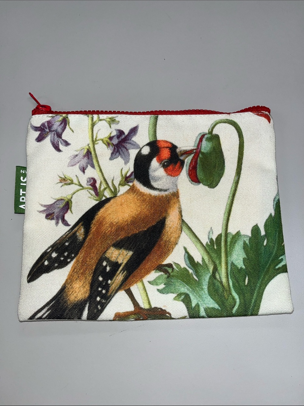 ART IS NYC - Artisanal Bird Print Cosmetic Pouch with Red Zip